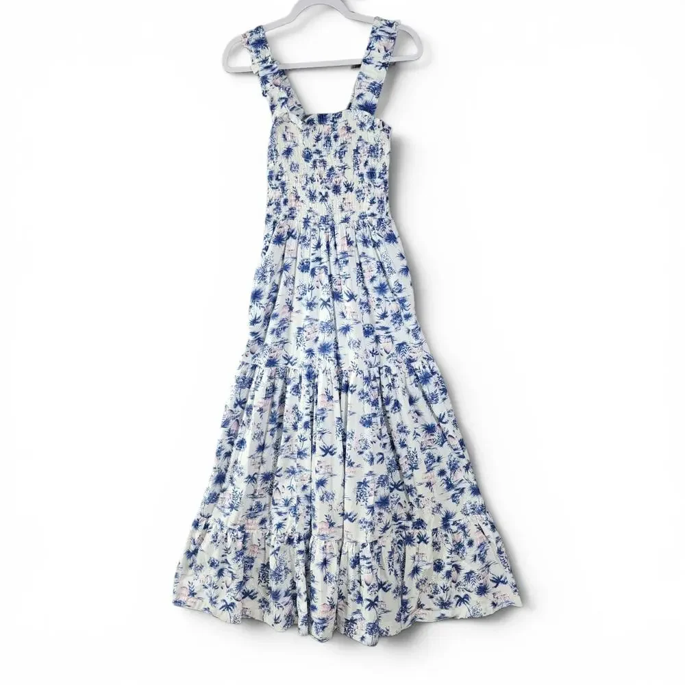 Abercrombie & Fitch Tiered Maxi Dress Smocked Palm Tress Bkue White Size Medium